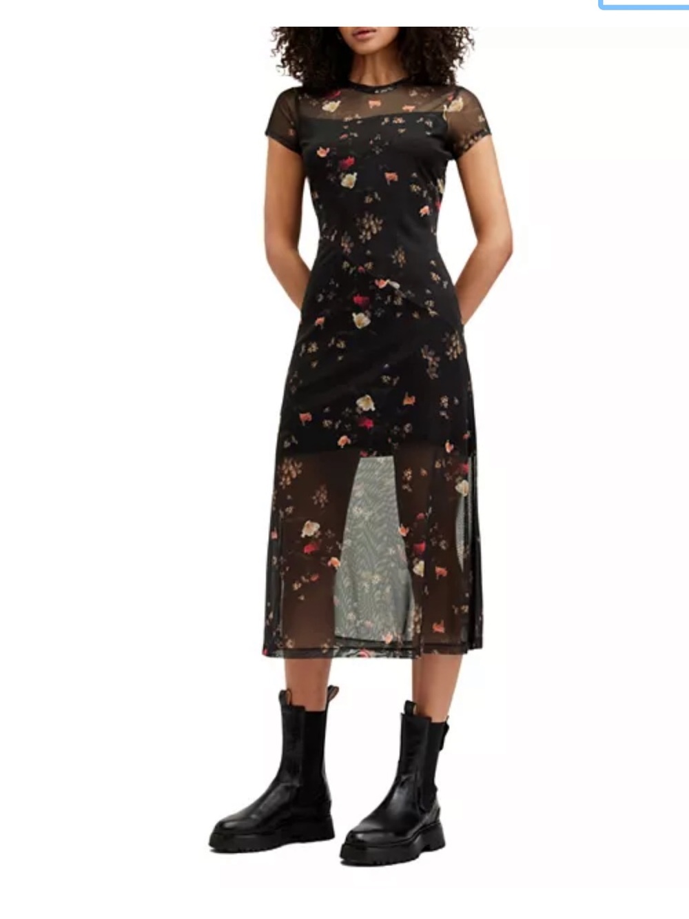 NWT AllSaints Black Sheer Floral Midi Dress